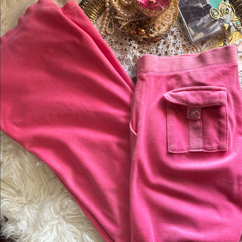 Vintage Juicy Couture Velour Y2k Tracksuit Pant Pink USA Flare Snapback Pocket M